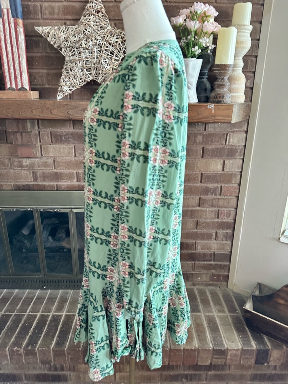 LOFT Sage Green Floral Long Sleeve Flounce Hem Shift Dress S Cottagecore Boho - Picture 4 of 6